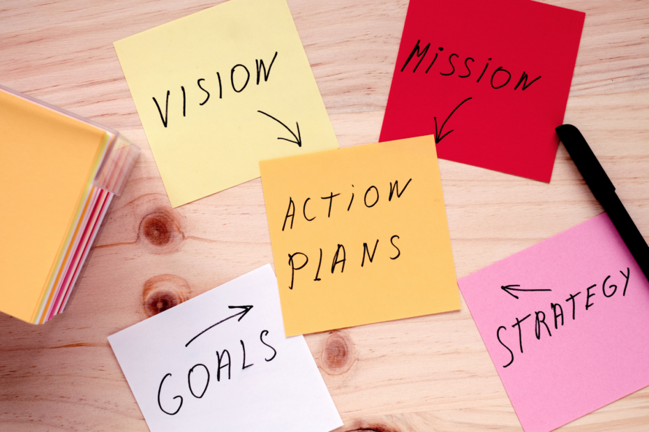 Sticky notes on a table read: vision, mission, strategy, goals, and action plans