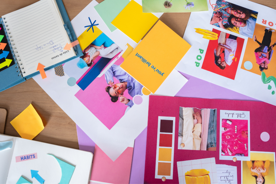 Bright and Colorful Branding ideas spread on a table