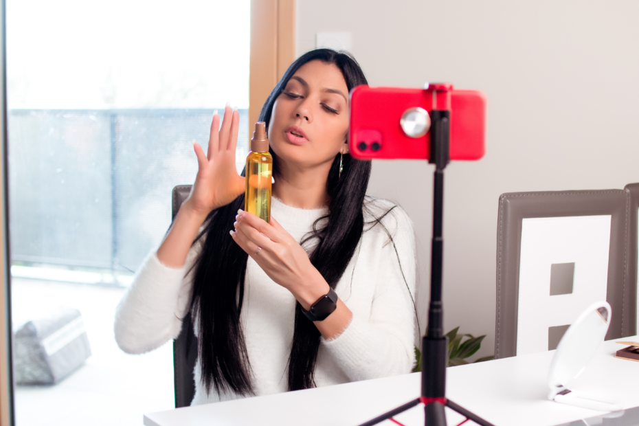 women with phone on stand